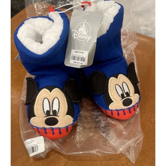 DISNEY STORE MICKEY MOUSE BOOT SLIPPERS Fleece Fur lined Kids Moccasins 7/8 7 8 - Picture 1 of 7